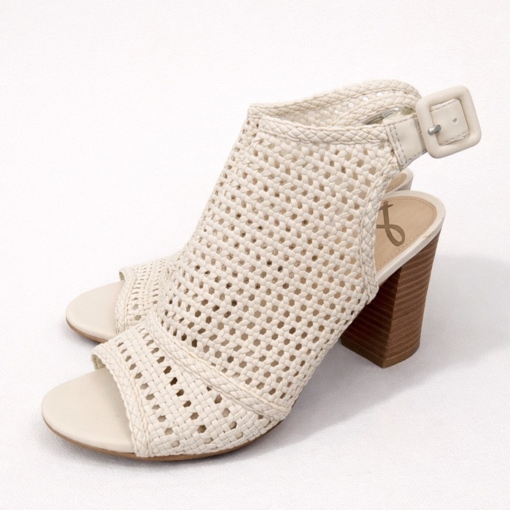 NEW Sam Edelman Women 7.5 Evie Woven Block Heel Sandals Ivory Resort Beachy READ